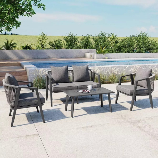 patio furniture set, outdoor sofa set, outdoor dining set, garden lounge set, patio chairs table, product demo, lifestyle, outdoor, calm, fresh, neutral, green